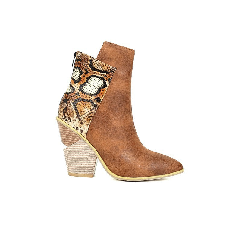 Botines para mujer con punta fina, colores en contraste, tacón alto ancho y cremallera trasera