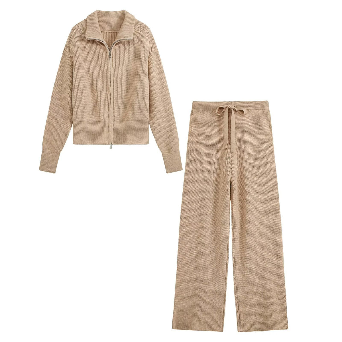 Conjunto de jersey de punto con cuello amplio y cremallera y pantalón para mujer