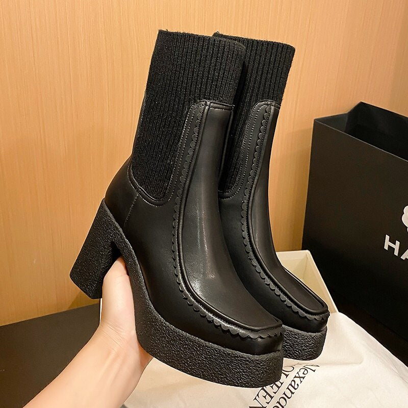 Botines elásticos tipo calcetín para mujer con plataforma y tacón alto, cálidos para otoño e invierno
