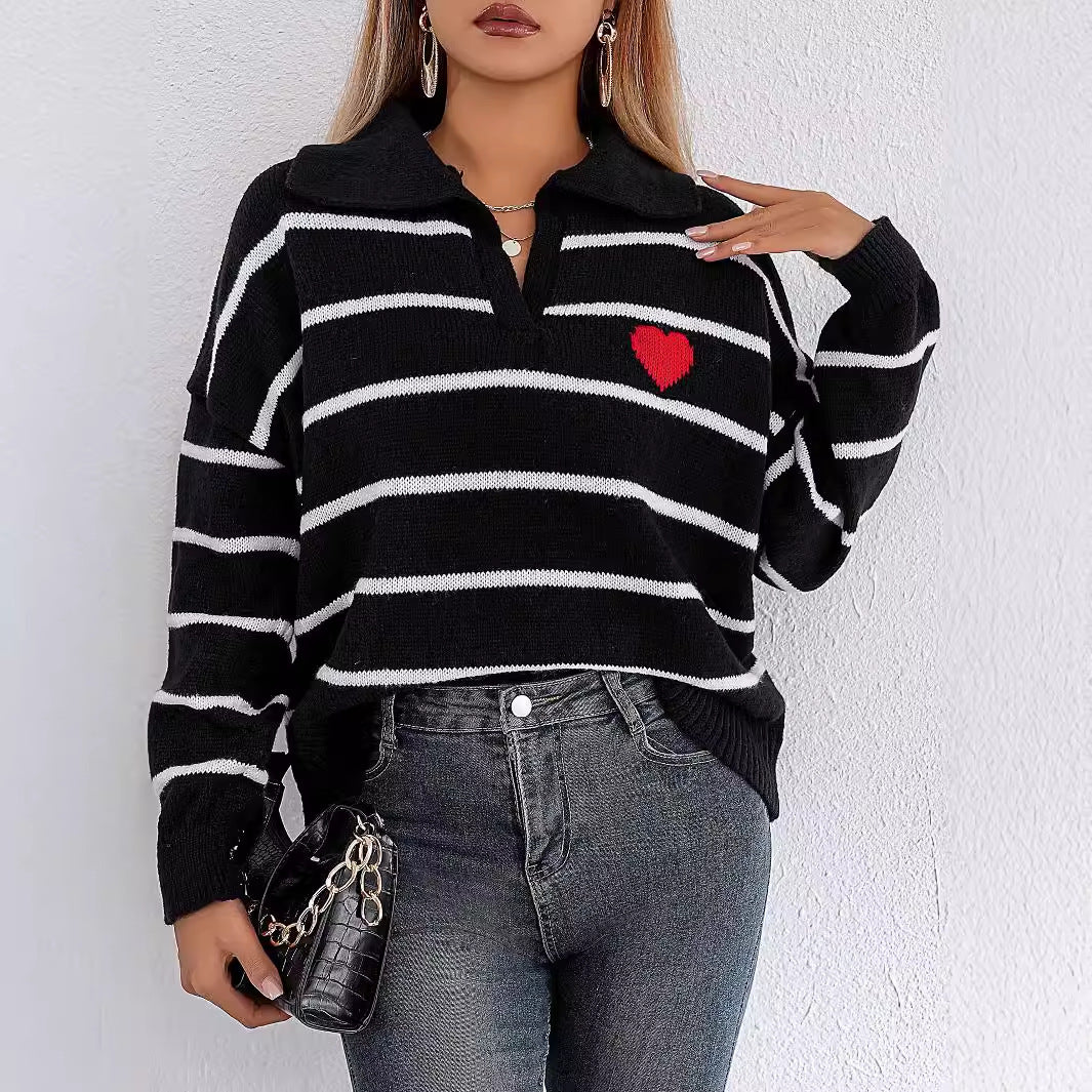 Lady Knit Sweater Top with Color Block Stitching, Stripe and Heart Pattern, Polo Neck