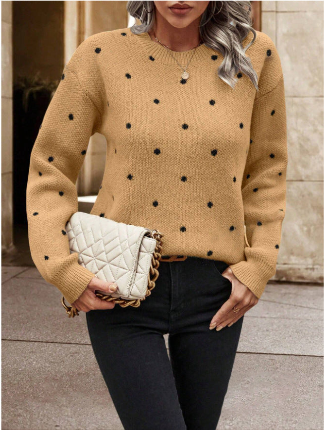Round neck long sleeved pullover women's polka dot jacquard knitted sweater