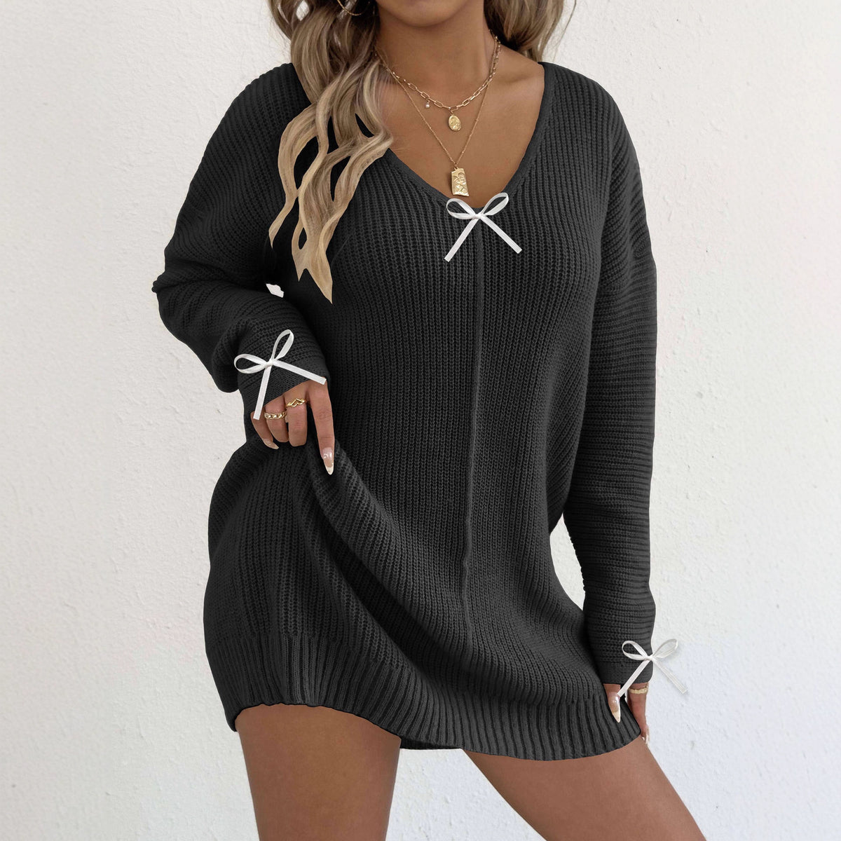 Vestido de punto sexy para mujer con escote en V pronunciado, lazo y manga larga, sin cinturón