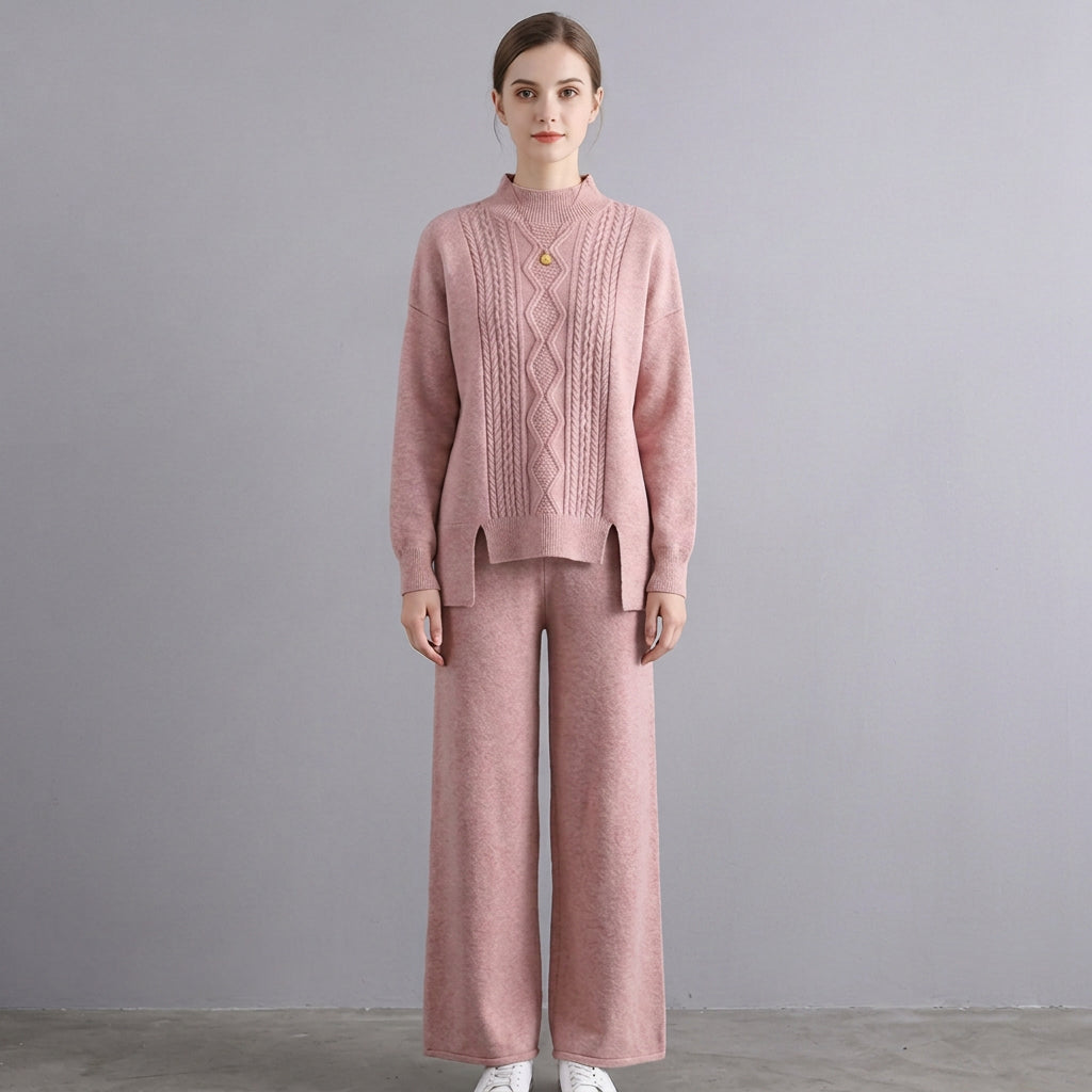 Conjunto de dos piezas para mujer con jersey y pantalón de pierna ancha, grueso y abrigado.