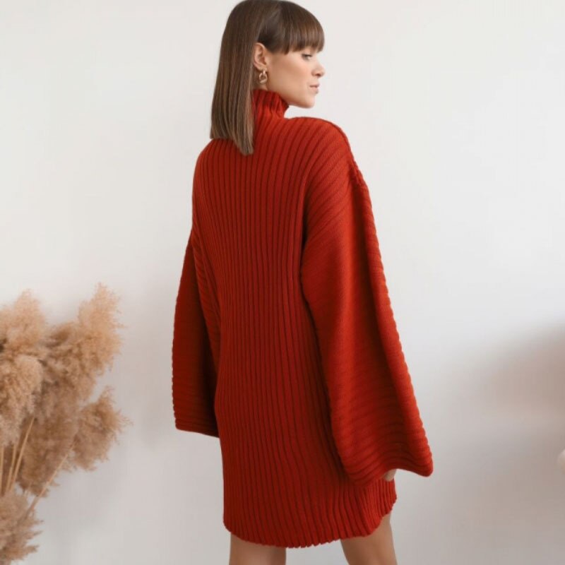 Vestido de punto para mujer con cuello vuelto y mangas acampanadas, liso y holgado para invierno