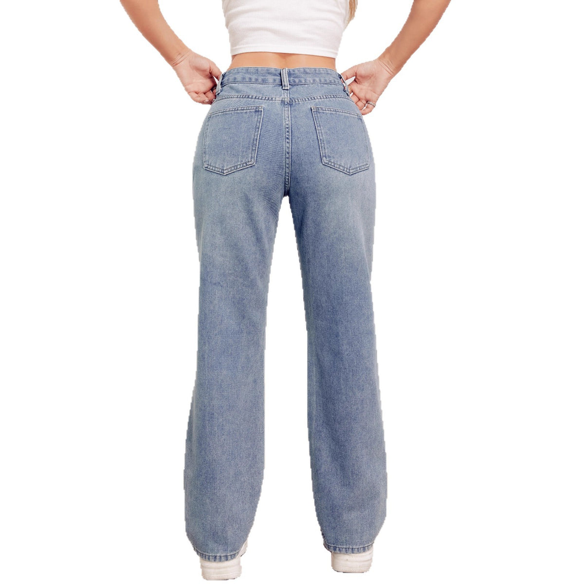 Washed Distressed Non-Stretch Straight Leg Jeans for Women