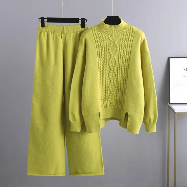 Conjunto de dos piezas para mujer con jersey y pantalón de pierna ancha, grueso y abrigado.