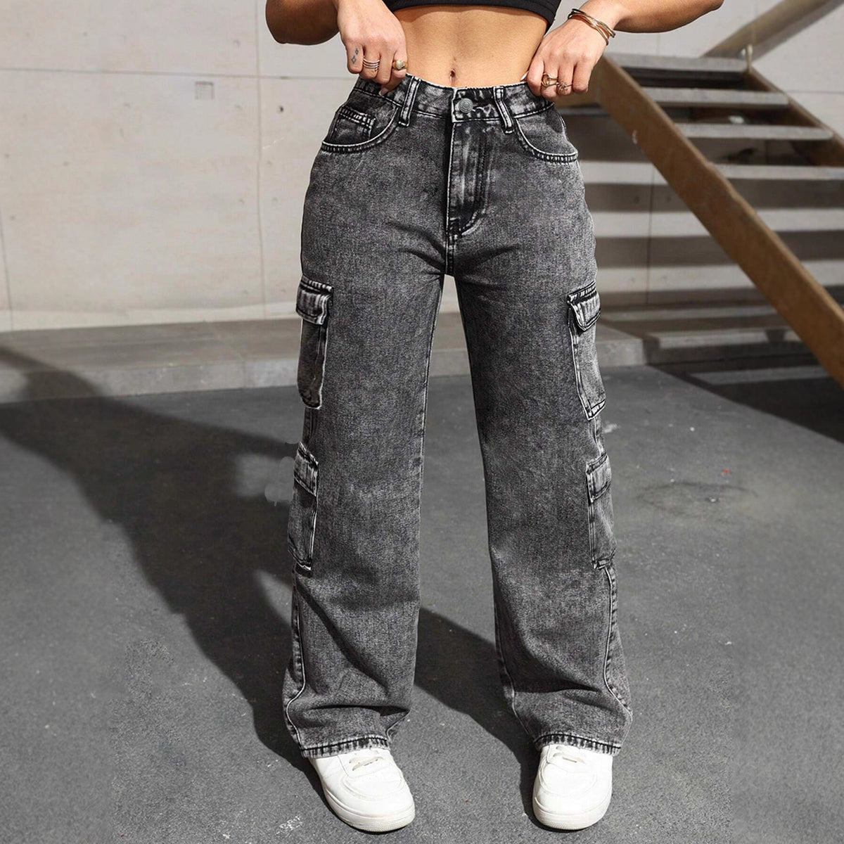 Irregular Washed Denim Pants for Women, Multi-pocket Cargo Style Youth Fashion