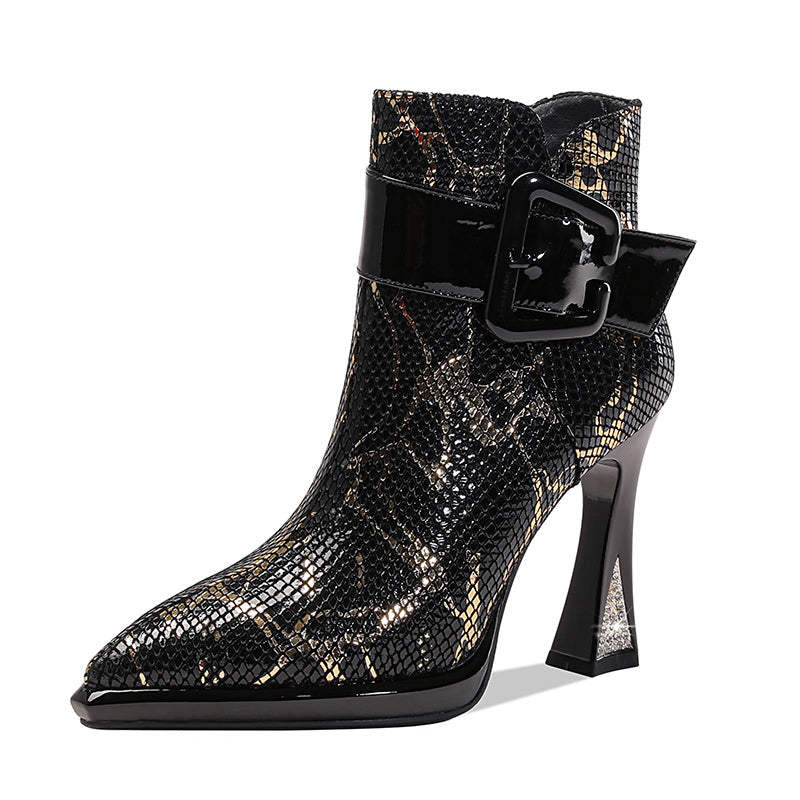 Botines de piel auténtica para mujer con punta fina y tacón de 10 cm, en dorado o plateado
