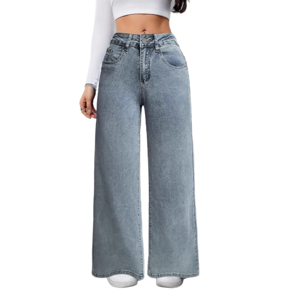Loose High-Waisted Wide-Leg Jeans with Pink Bow Embroidery on Back Pocket