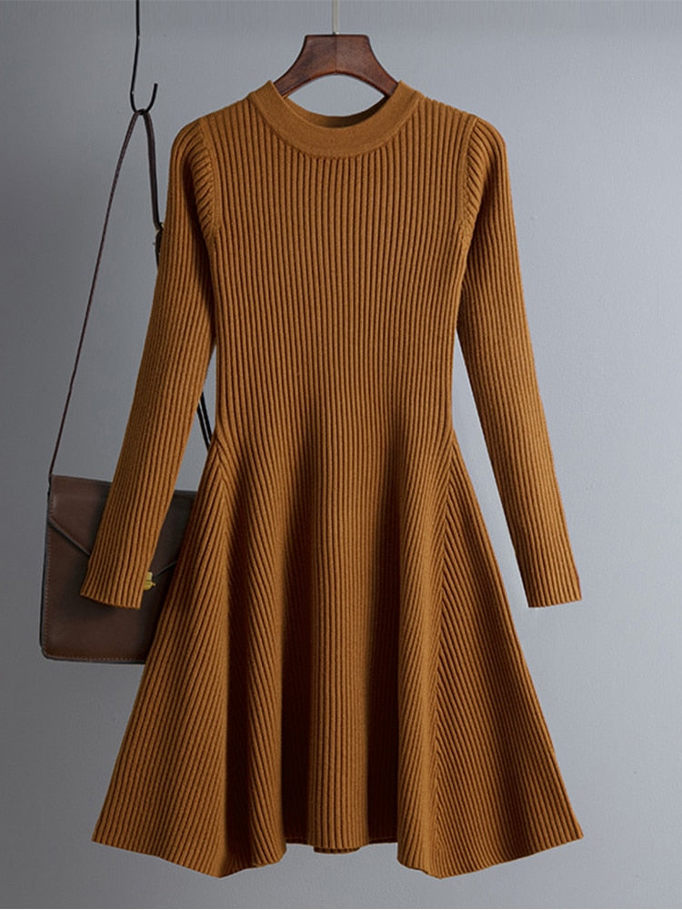 Vestido corto de punto grueso para mujer con corte en A, básico y elegante para otoño e invierno