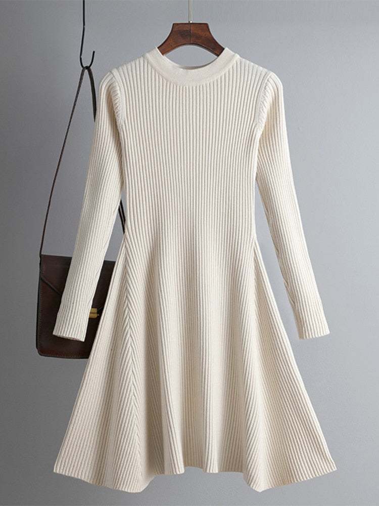 Vestido corto de punto grueso para mujer con corte en A, básico y elegante para otoño e invierno
