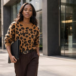Jersey de manga larga con cuello redondo y estampado de leopardo