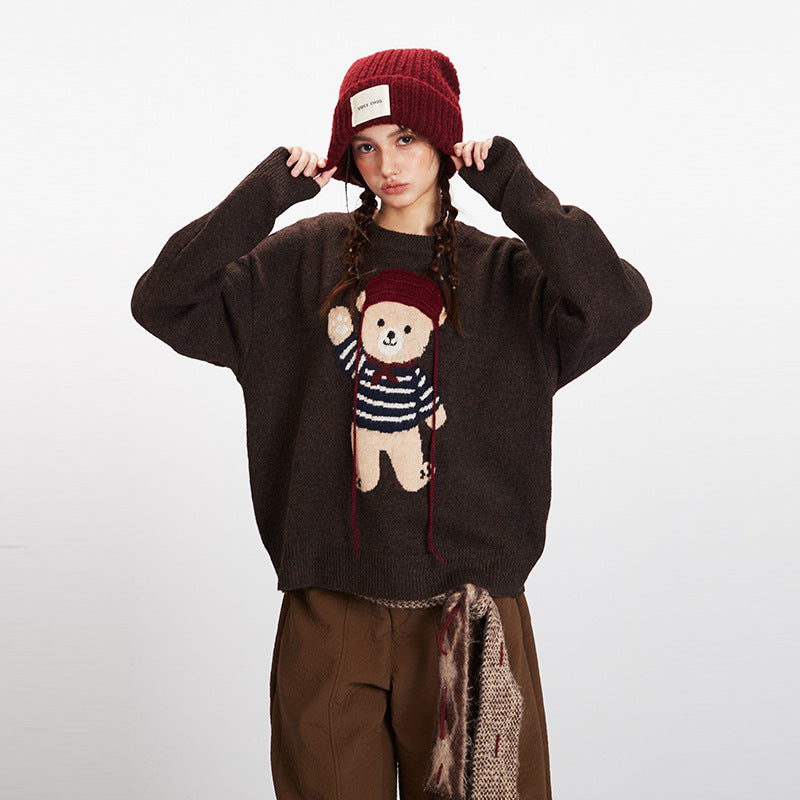 HeyHenry Bear Couple Sweaters Round Neck Loose Knit Pullover Casual Inner