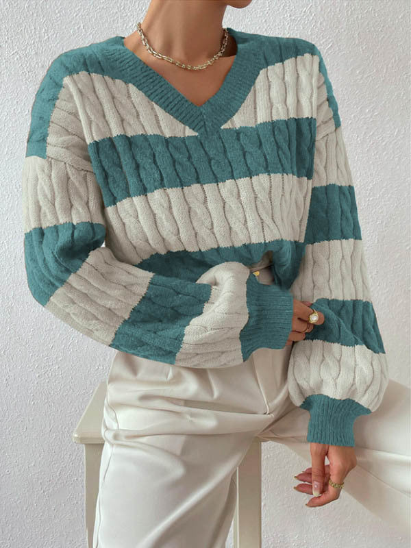 Autumn Winter Knitwear Fashion Vintage Striped Color-block Sweater Loose Casual Versatile Top