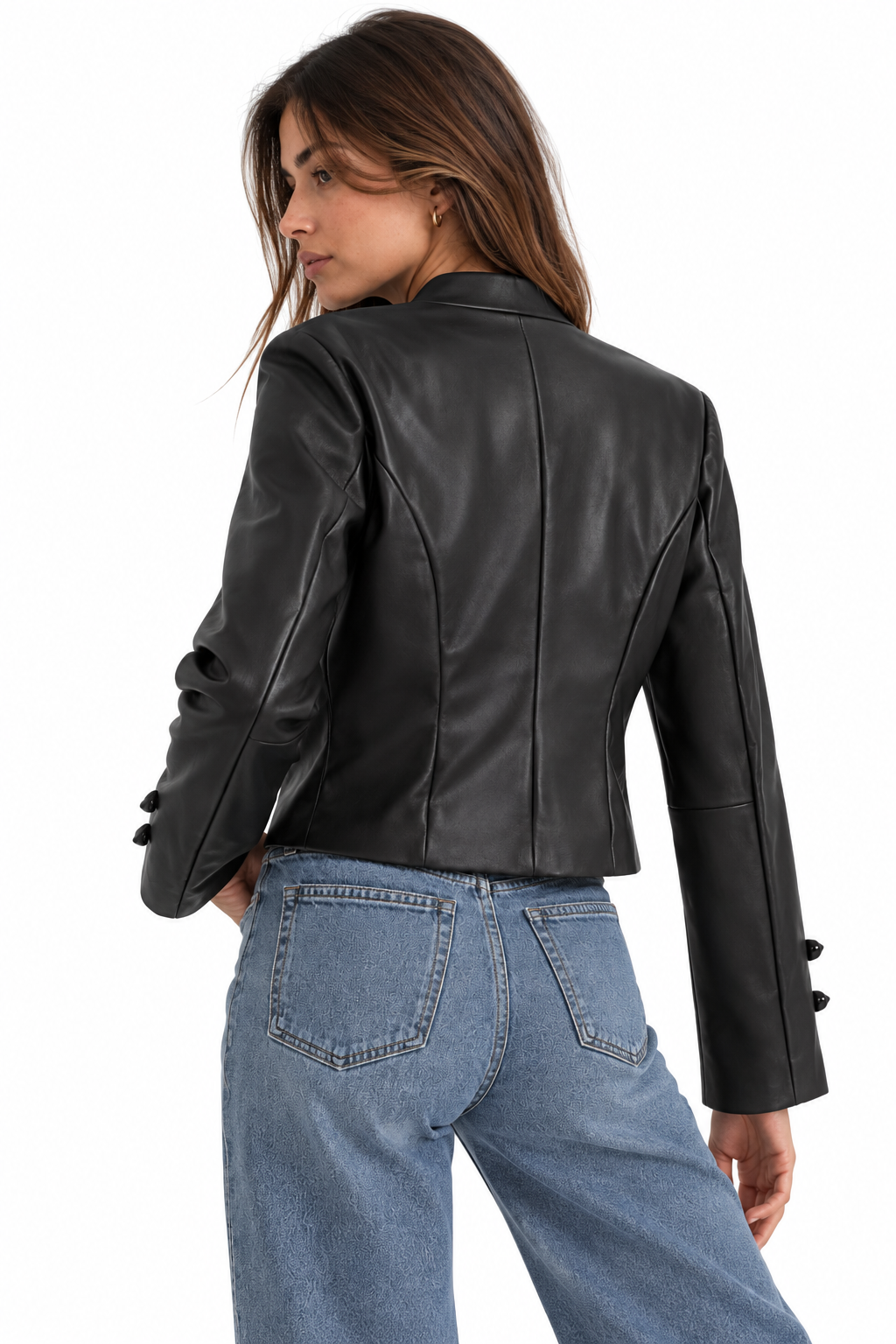 Simple knot and buckle decoration faux leather jacket for women