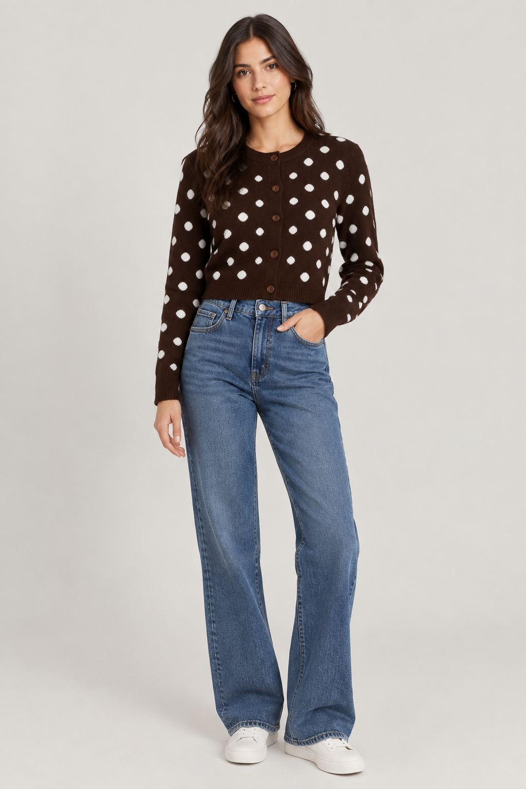 Button up round neck polka dot knit sweater jacket for women