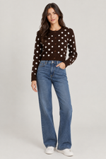 Button up round neck polka dot knit sweater jacket for women