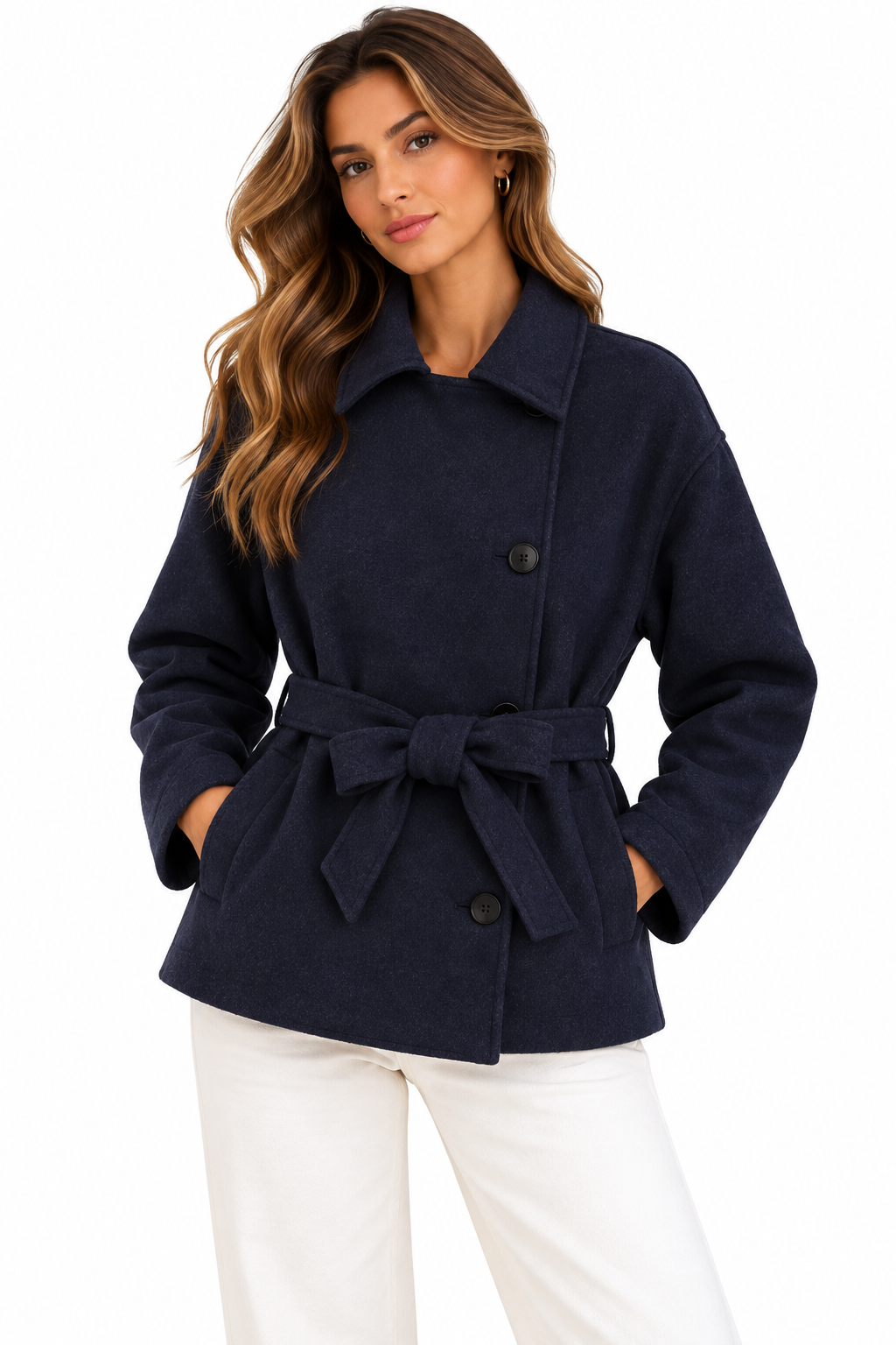 Slanted breasted buckle with waist belt woolen coat for women