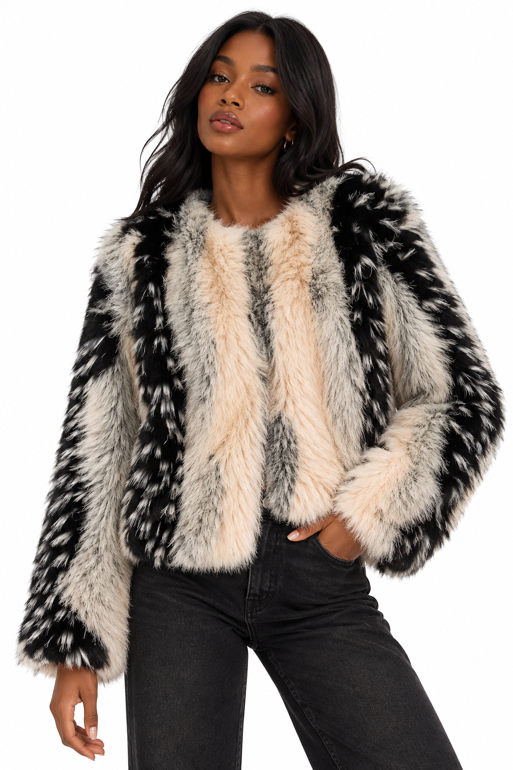 Round neck long sleeved printed faux fur jacket for women