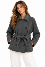 Slanted breasted buckle with waist belt woolen coat for women