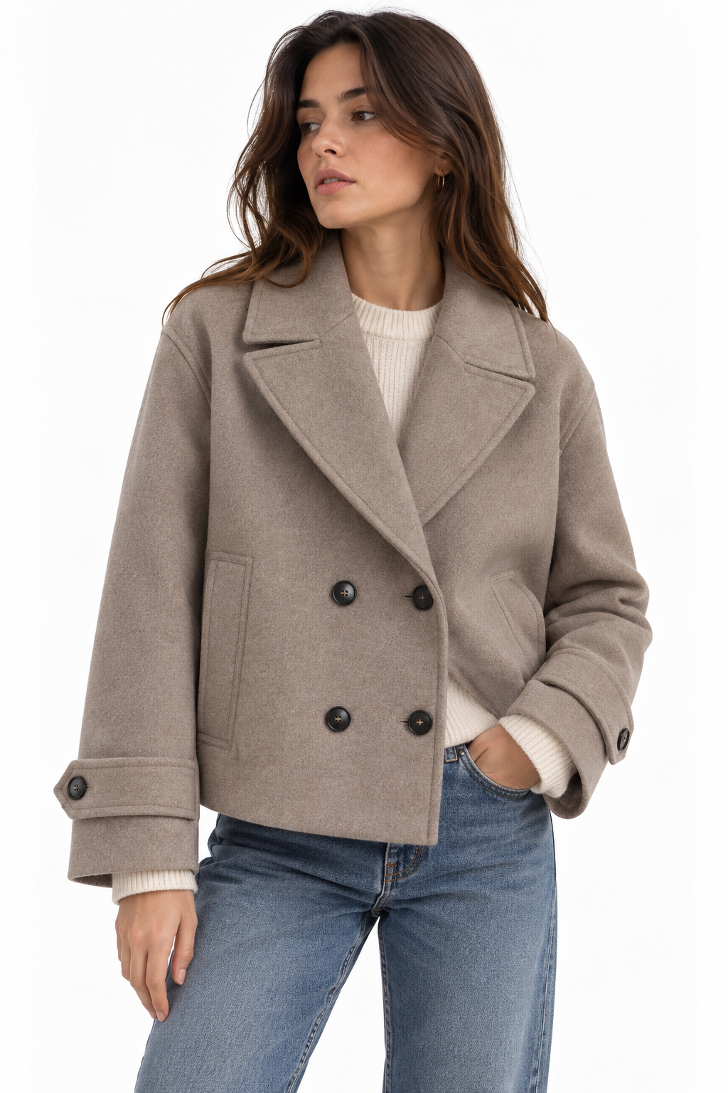 Collar long sleeved double breasted short woolen coat for women