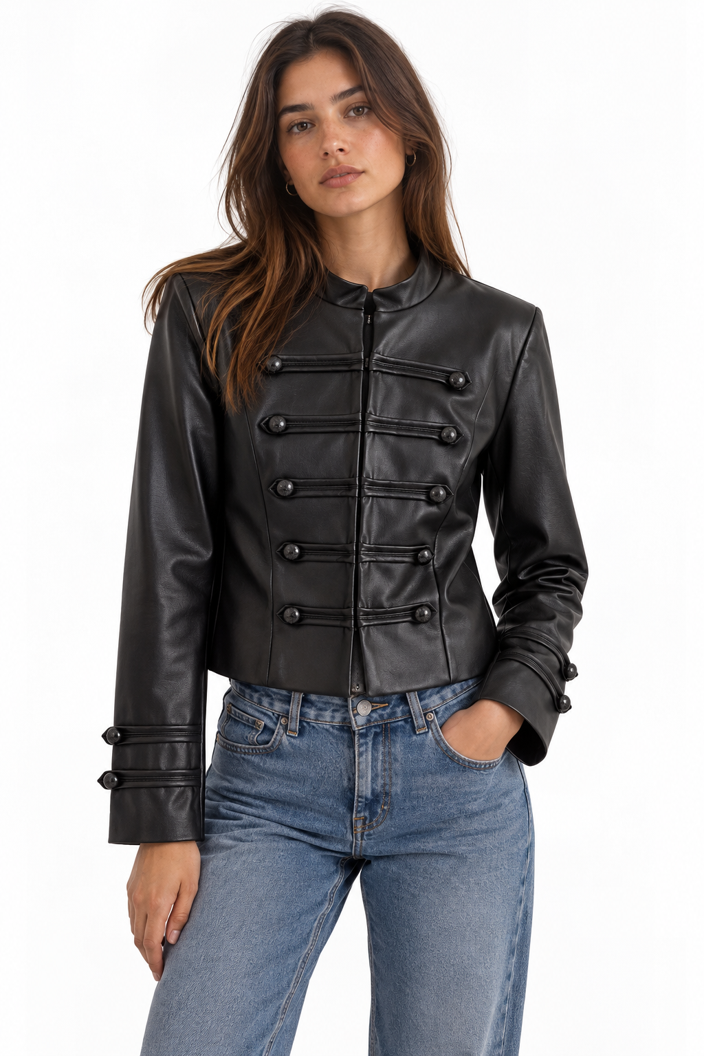 Simple knot and buckle decoration faux leather jacket for women