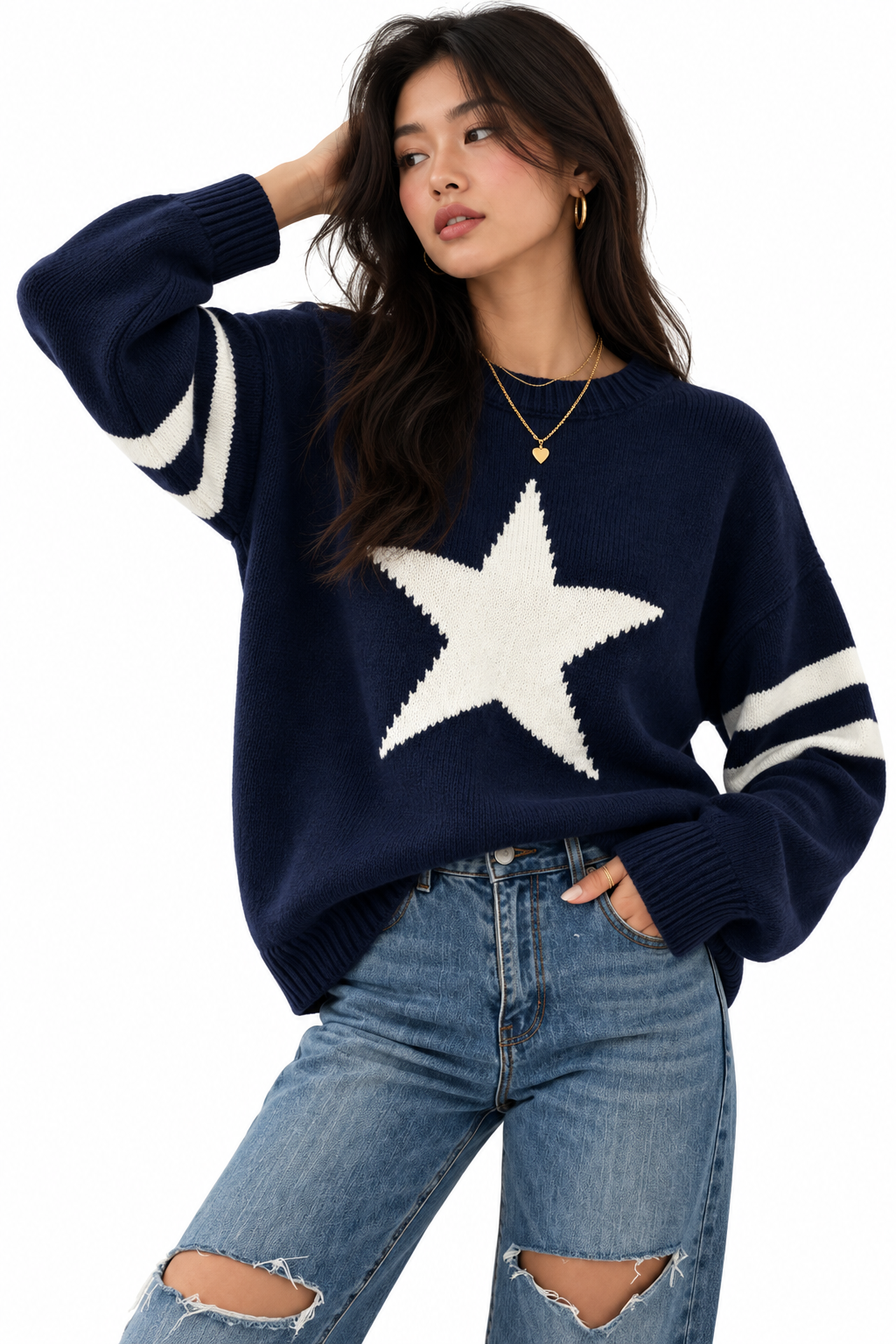 Style star jacquard knit sweater for women, autumn/winter, loose fit, round neck, striped pullover undershirt