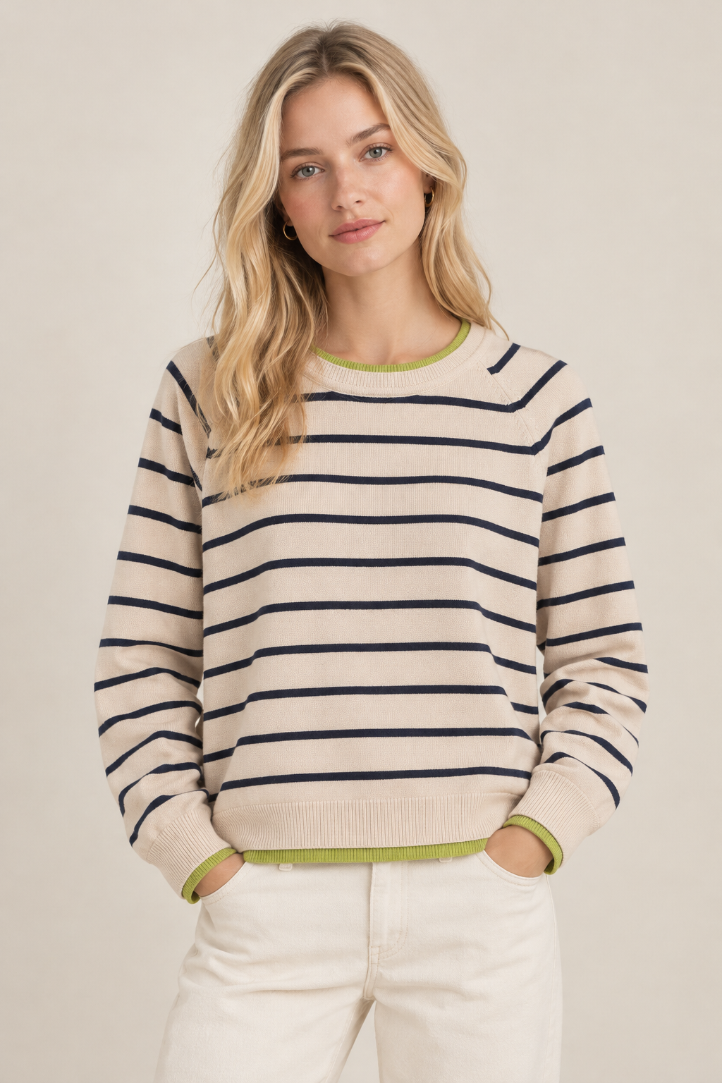Double layered round neck long sleeved solid color pullover knitted sweater for women