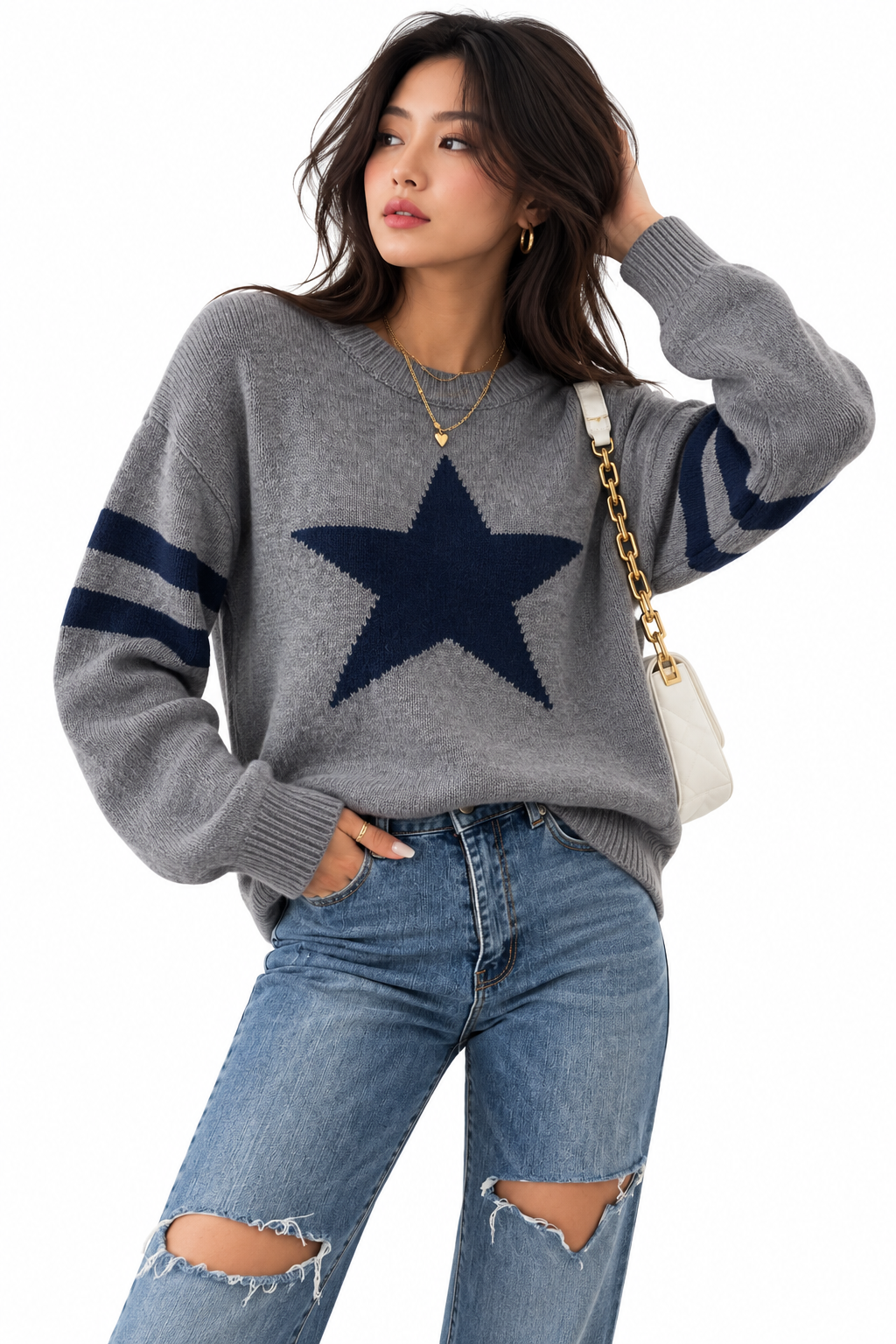 Style star jacquard knit sweater for women, autumn/winter, loose fit, round neck, striped pullover undershirt
