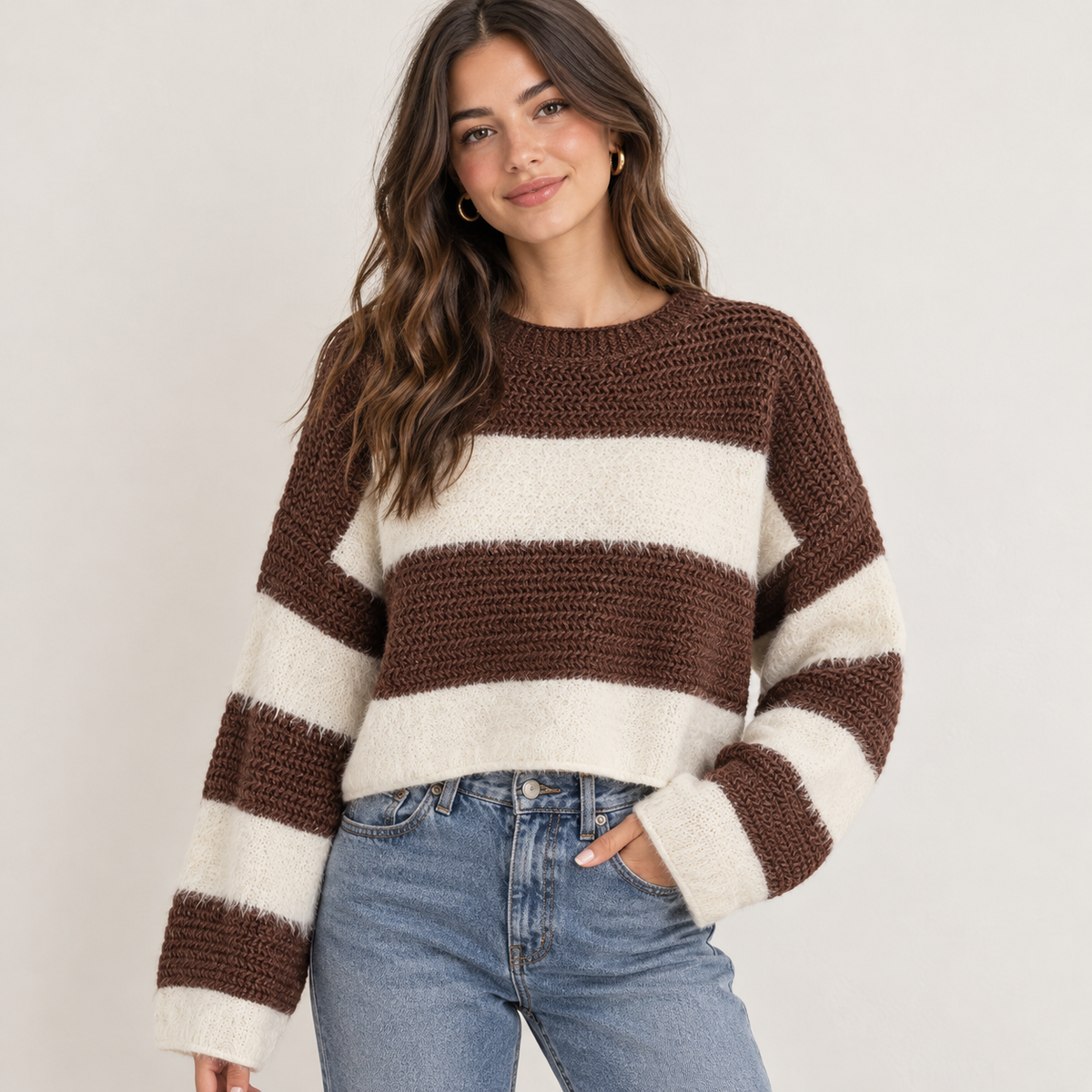 Color Block Striped Knit Pullover Sweater for Women, Loose Fit Top