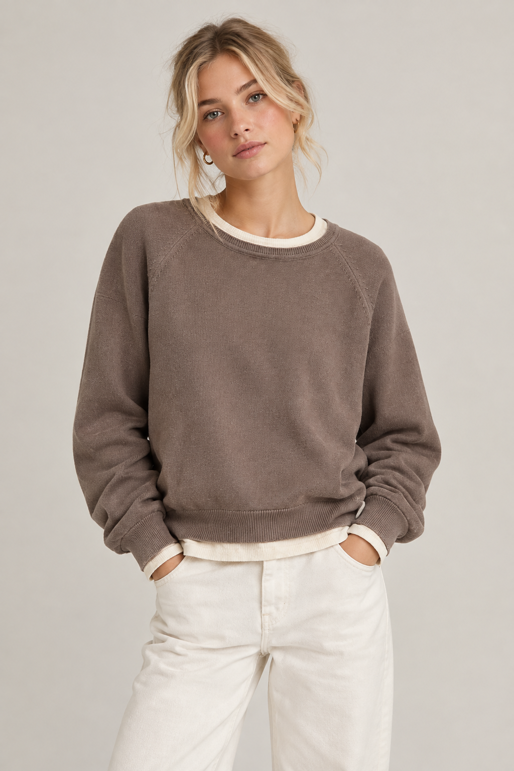 Double layered round neck long sleeved solid color pullover knitted sweater for women