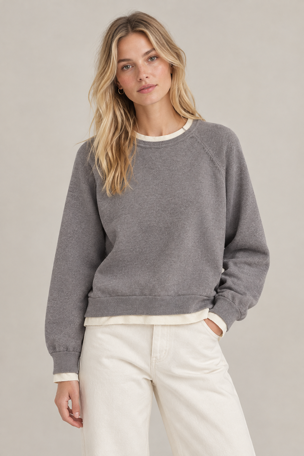 Double layered round neck long sleeved solid color pullover knitted sweater for women