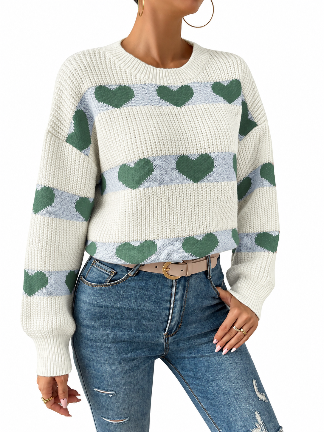 Green Heart Short Knit Sweater for Women, Vertical Ribbed Long Sleeve, Slim Fit, High Waist, Crew Neck Pullover
