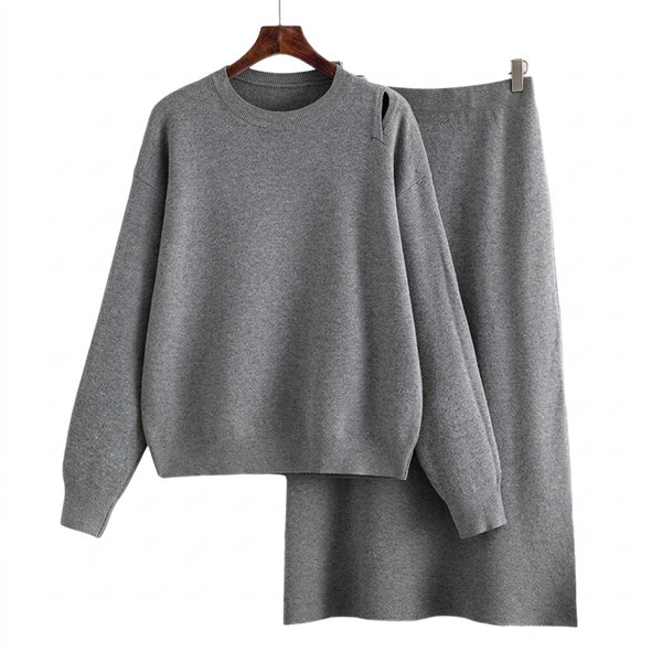 Conjunto casual de punto de dos piezas para mujer con jersey y falda.⠋