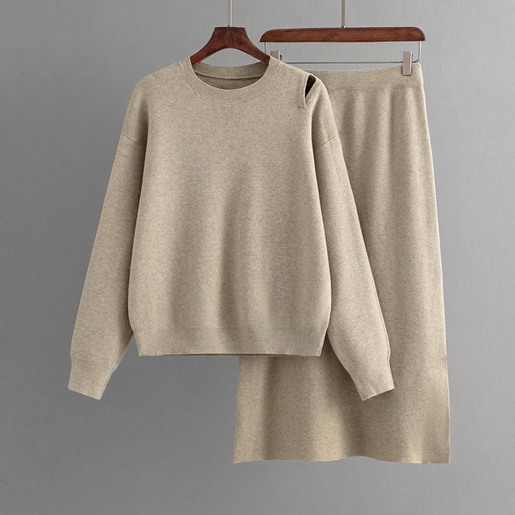 Conjunto casual de punto de dos piezas para mujer con jersey y falda.⠋