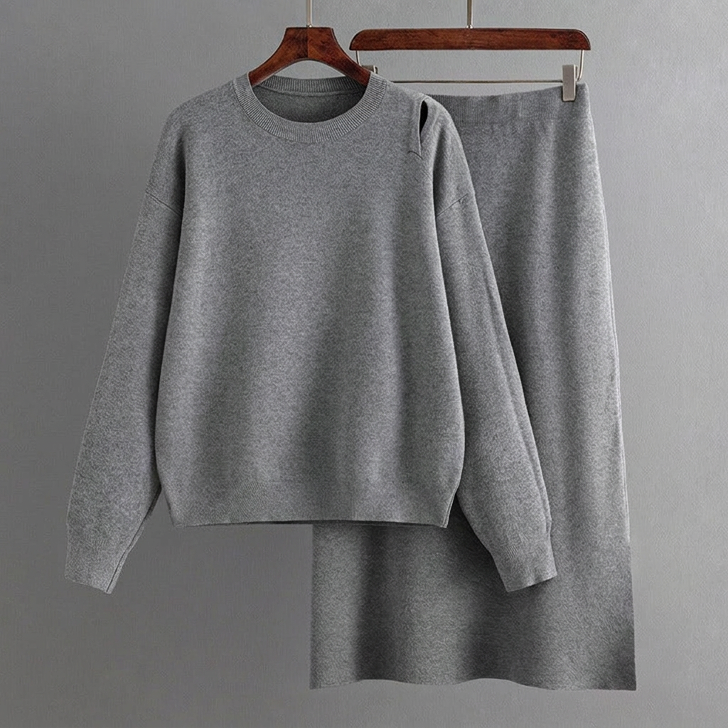 Conjunto casual de punto de dos piezas para mujer con jersey y falda.⠋