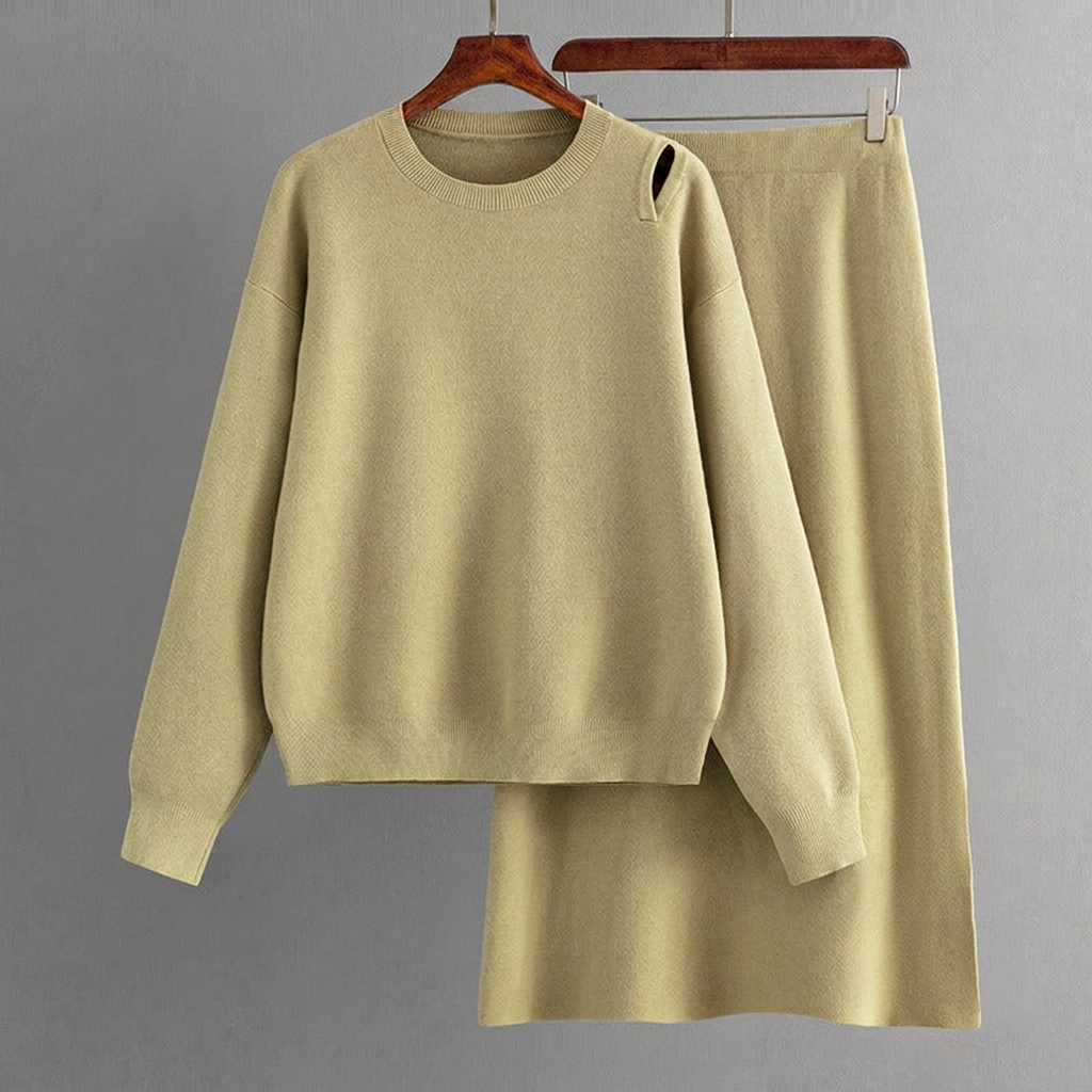 Conjunto casual de punto de dos piezas para mujer con jersey y falda.⠋