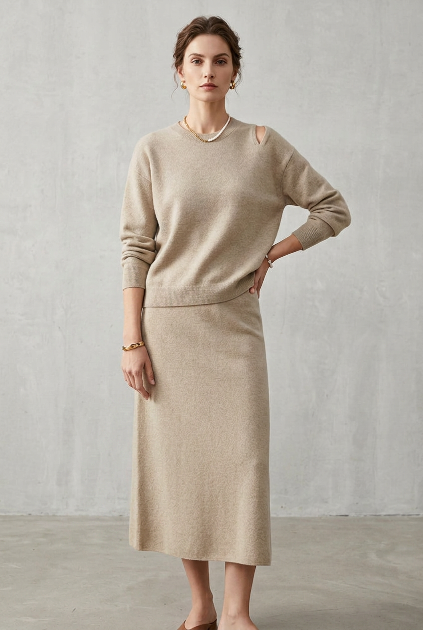 Conjunto casual de punto de dos piezas para mujer con jersey y falda.⠋