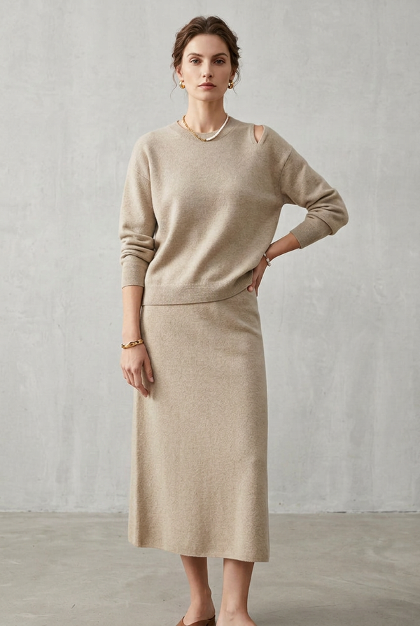 Conjunto casual de punto de dos piezas para mujer con jersey y falda.⠋