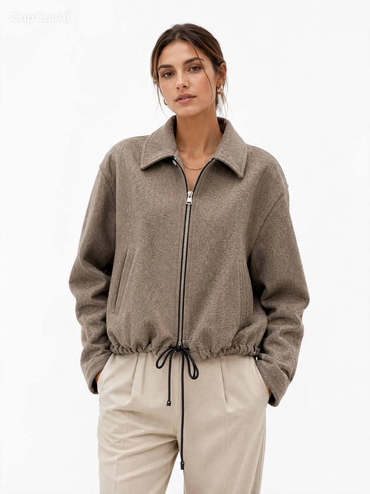 Casual loose pleated zipper woolen jacket