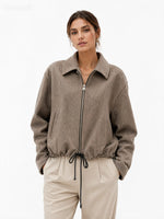 Casual loose pleated zipper woolen jacket